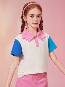 Mädchen T-Shirt mit Farbblock, Polo Kragen