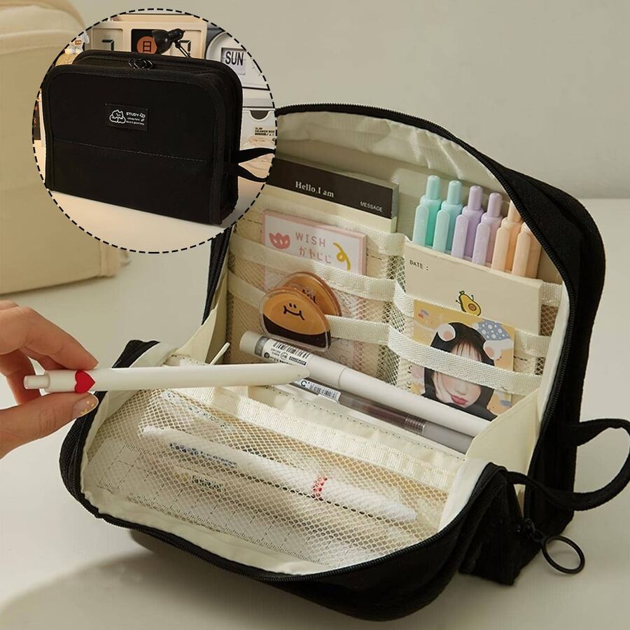 1pc Large Capacity Portable Pen Case With Multiple Layers And Compartments For Students To Store Stationery, Cosmetics And Learning Supplies - Black - View 1