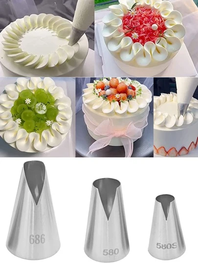 3pcs Piping Tips Set - St. Anne Flower Nozzle, V-Shaped Cream Nozzle, Wave Nozzle - Cream Cake Piping, Dumpling Tips, Cake Decor, Baking, Russian Piping Nozzle Kit, V-Shaped & Wave Cake Decoration Piping Nozzles, Stainless Steel Kitchen Tools For Pastries, Cupcake, Cake, Cookie Decoration