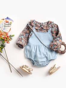 女婴可爱乡村风格花卉印花二合一吊带半袖三角连体衣，春冬季 - 藍色 - 查看 1