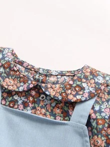 女婴可爱乡村风格花卉印花二合一吊带半袖三角连体衣，春冬季 - 藍色 - 查看 4