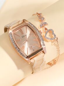 DISU 1 Đồng hồ thạch anh trang trí bằng kim cương giả & 1 Vòng tay làm quà tặng cho học sinh đi học trở lại - Hoa hồng vàng - Xem 4