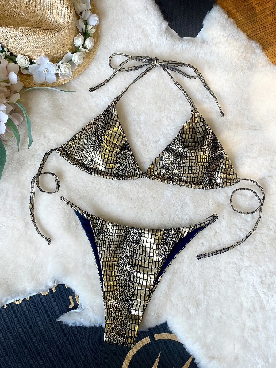 Conjunto de bikini para mujeres, Bikini de tres puntos con patrón de cocodrilo sexy, perfecto para playa, vacaciones y natación en verano - Dorado - Ver 1