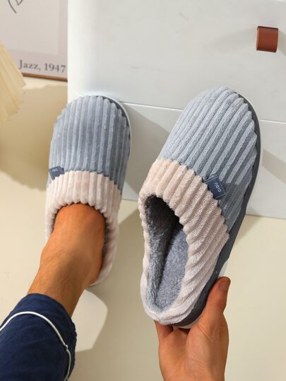 1pair Men's Thermal Slippers For Indoor Home Use, Winter, Anti-Slip, Warm, Premium Navy Blue Plush Slippers