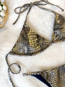 Conjunto de bikini para mujeres, Bikini de tres puntos con patrón de cocodrilo sexy, perfecto para playa, vacaciones y natación en verano - Dorado - Ver 4