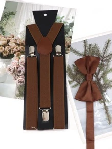 2pcs/set Unisex Brown Suspender & Bow Tie Set For Adults, Suitable For Daily Wear (no Card Included) - Coffee Brown - View 2