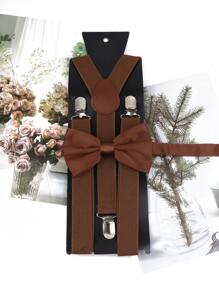 2pcs/set Unisex Brown Suspender & Bow Tie Set For Adults, Suitable For Daily Wear (no Card Included) - Coffee Brown - View 1