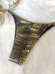 Conjunto de bikini para mujeres, Bikini de tres puntos con patrón de cocodrilo sexy, perfecto para playa, vacaciones y natación en verano - Dorado - Ver 5