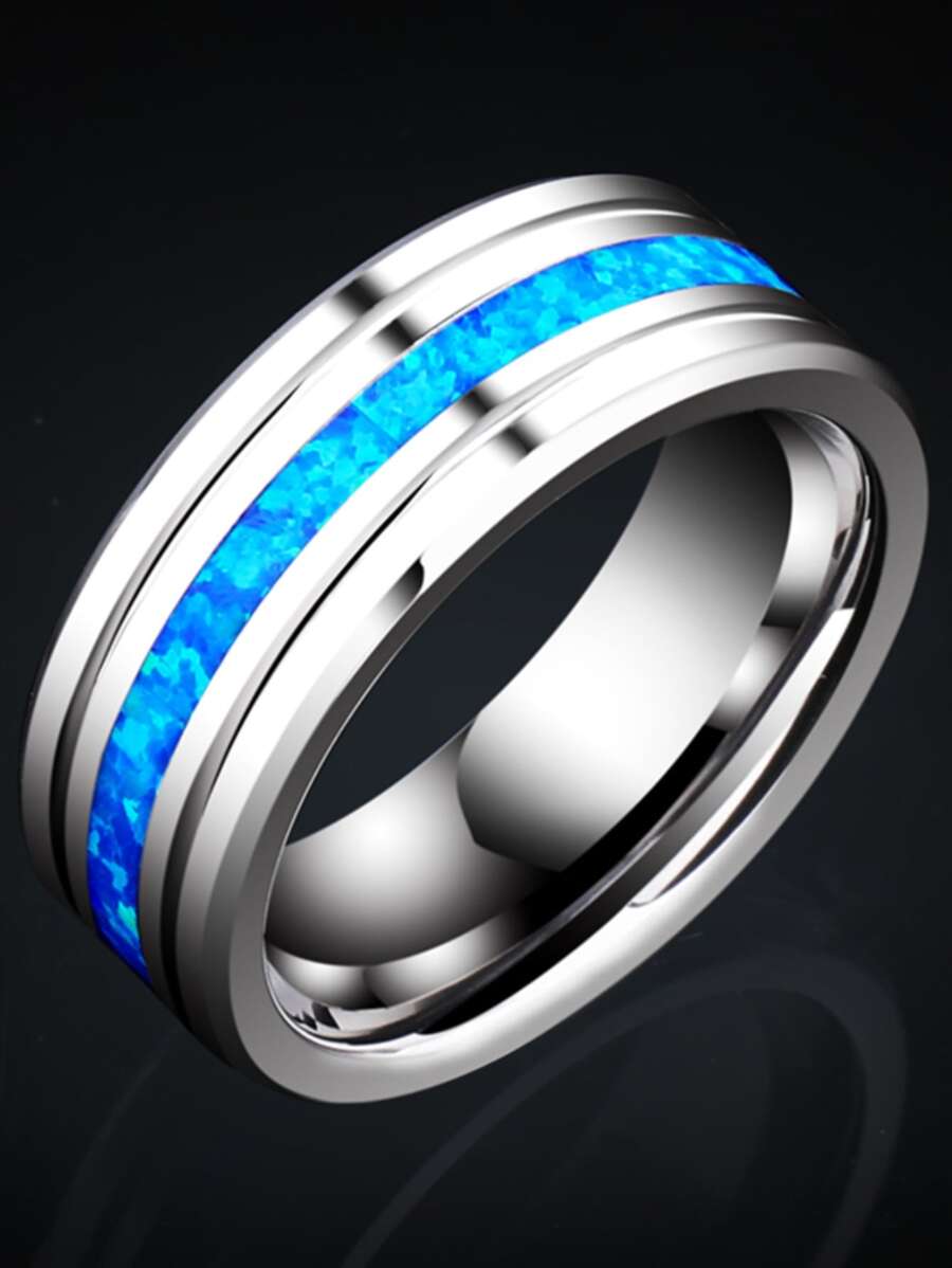 Mới 8mm Cao Đánh bóng Thép không gỉ Nhẫn Xanh Trung tâm Rãnh Thép không gỉ Nam Ban nhạc đám cưới - Màu xanh lam - Xem 1