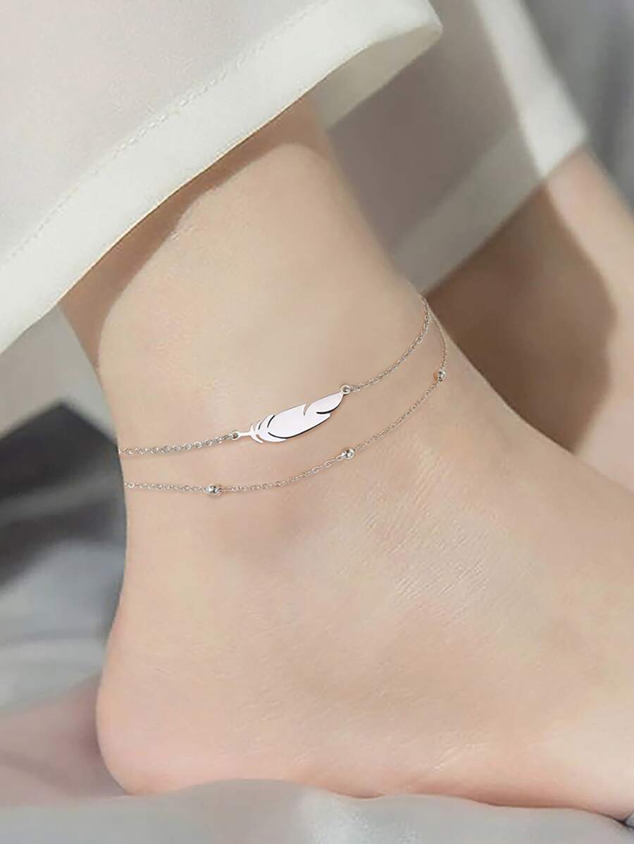 1入不銹鋼女士鵝毛雙層珠子腳鍊,優雅時尚,適合作為海灘生日禮物