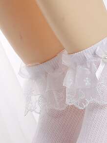 1pair Girls' Thin Breathable Lace Bow Knot Princess Floral Short Socks, Medium Size