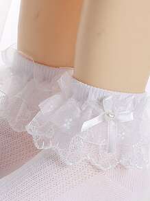 1pair Girls' Thin Breathable Lace Bow Knot Princess Floral Short Socks, Medium Size