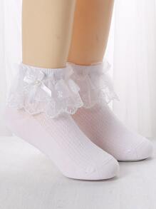 1pair Girls' Thin Breathable Lace Bow Knot Princess Floral Short Socks, Medium Size