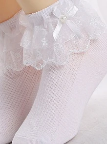 1pair Girls' Thin Breathable Lace Bow Knot Princess Floral Short Socks, Medium Size