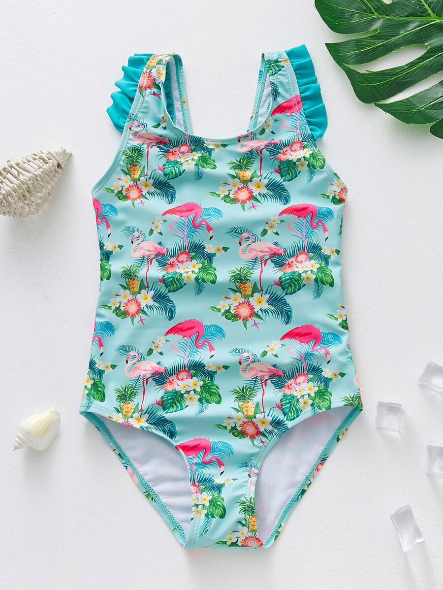 綠色火烈鳥小女孩蝴蝶結連體泳衣