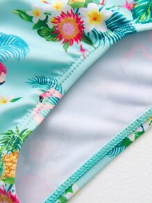 綠色火烈鳥小女孩蝴蝶結連體泳衣