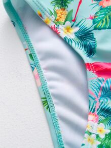 綠色火烈鳥小女孩蝴蝶結連體泳衣