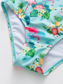 綠色火烈鳥小女孩蝴蝶結連體泳衣