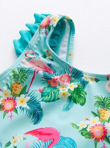 綠色火烈鳥小女孩蝴蝶結連體泳衣