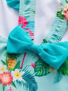 綠色火烈鳥小女孩蝴蝶結連體泳衣