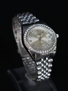 1 件女士银色合金钢表带时尚经典圆形水钻表盘带日历石英适合日常装饰作为返校学生的礼物