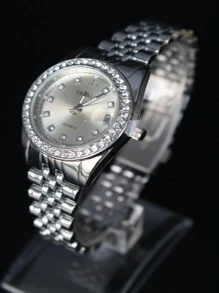 1 件女士银色合金钢表带时尚经典圆形水钻表盘带日历石英适合日常装饰作为返校学生的礼物