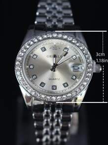 1 件女士银色合金钢表带时尚经典圆形水钻表盘带日历石英适合日常装饰作为返校学生的礼物