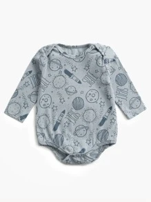 男婴可爱卡通太空星球印花长袖三角连体衣，春冬季 - 藍色 - 查看 2