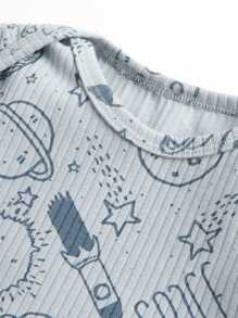 男婴可爱卡通太空星球印花长袖三角连体衣，春冬季 - 藍色 - 查看 4