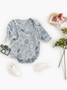 男婴可爱卡通太空星球印花长袖三角连体衣，春冬季 - 藍色 - 查看 1