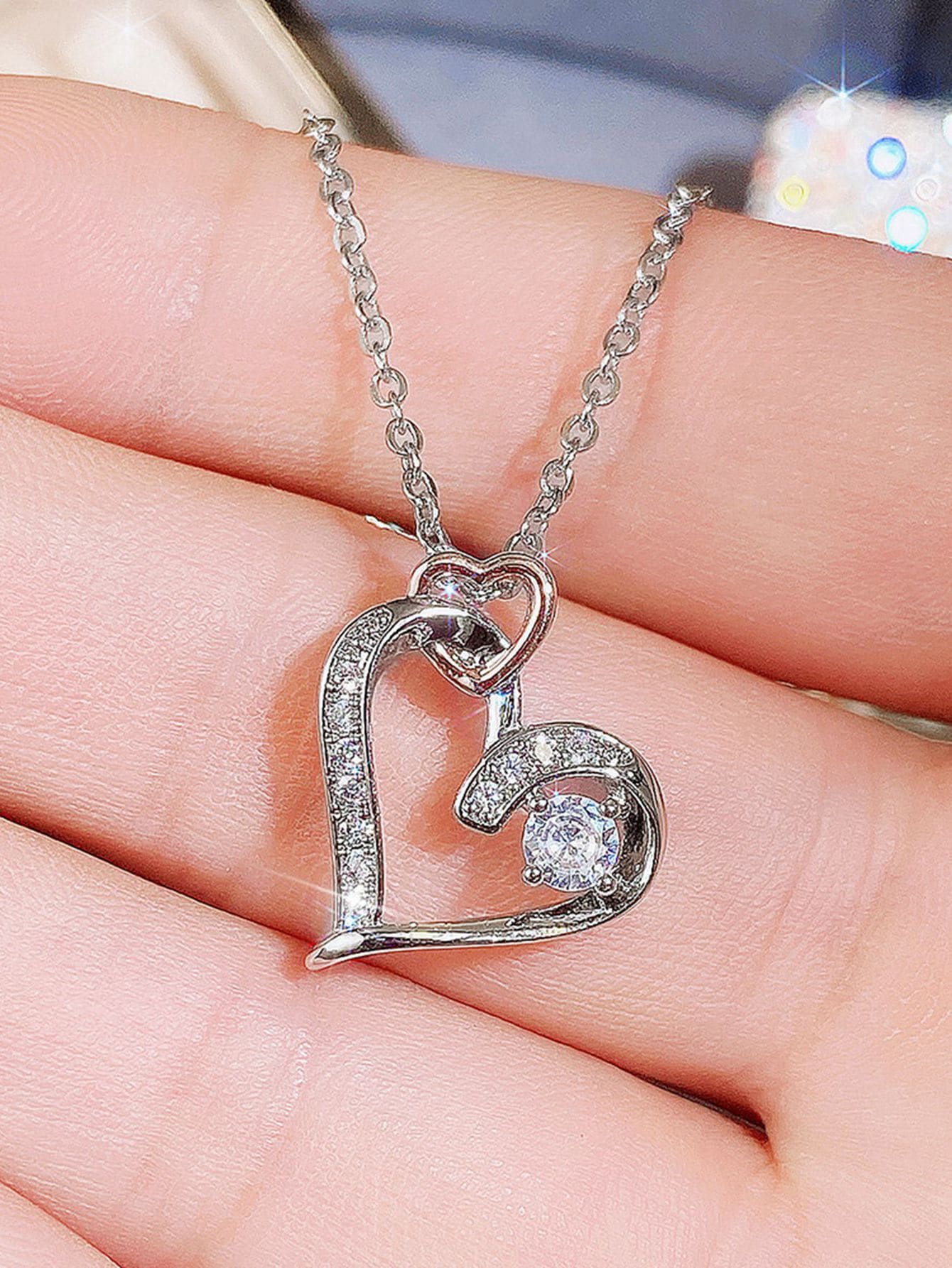 1件潮流雙心吊墜項鍊供女性佩戴,精緻生日禮物,閃爍立方氧化鋯結婚珠寶