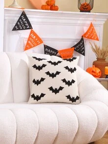 1pc Canvas Embroidered Bat Halloween Pillow Cover - Black and White - View 5
