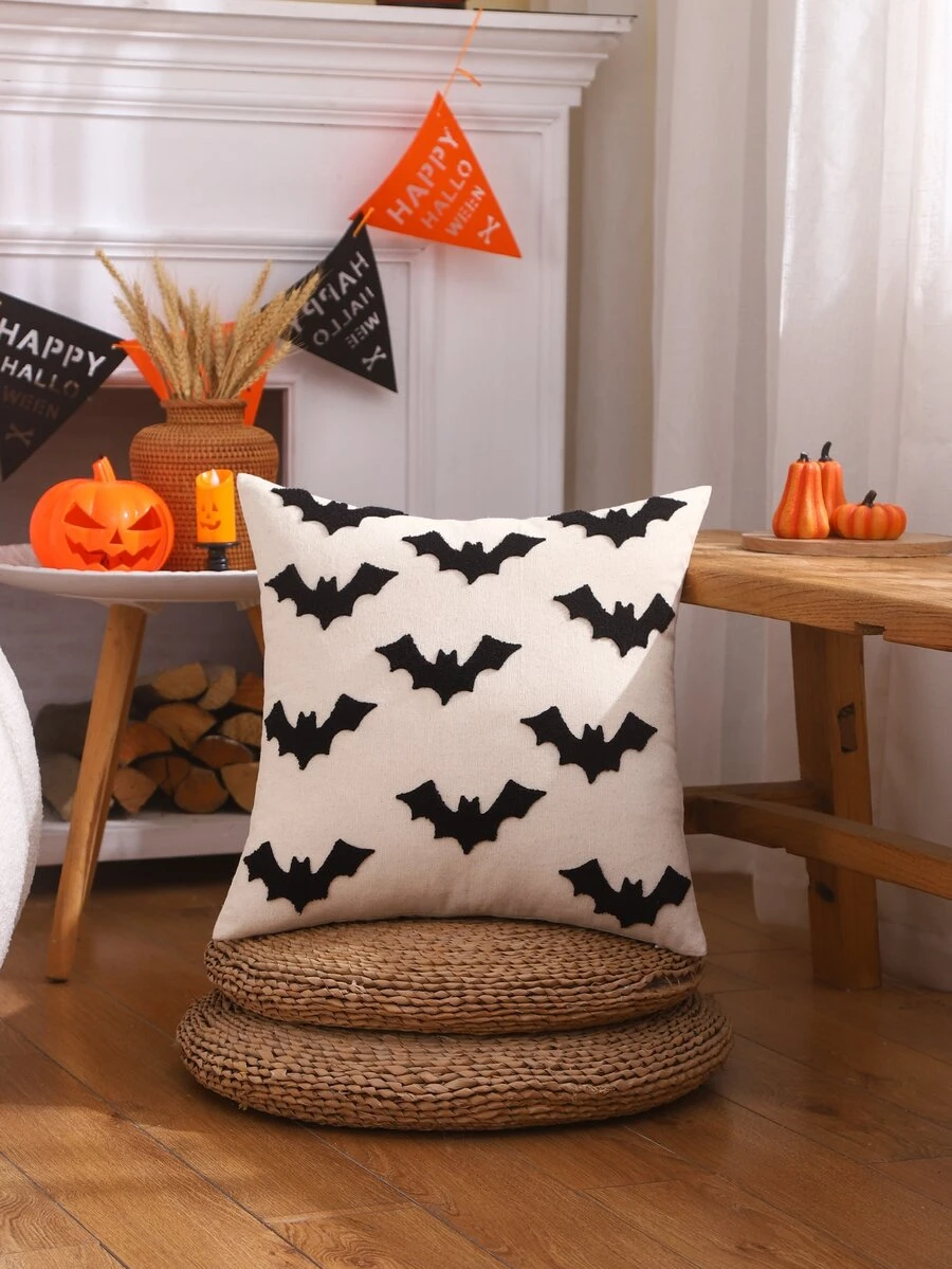 1pc Canvas Embroidered Bat Halloween Pillow Cover - Black and White - View 1