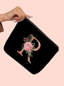 1pc Floral Letter R Print Fashionable Cosmetic Bag - Multicolor - View 1