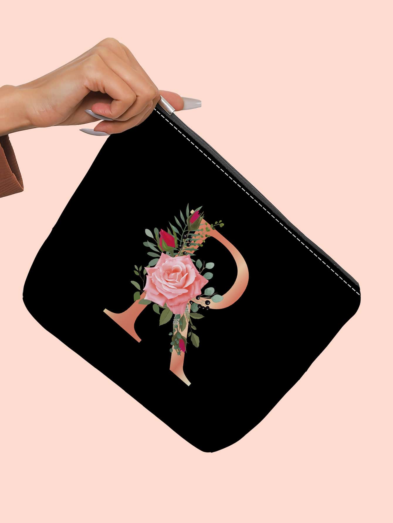 1pc Floral Letter R Print Fashionable Cosmetic Bag - Multicolor - View 1