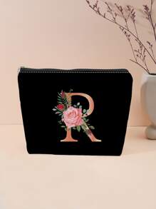 1pc Floral Letter R Print Fashionable Cosmetic Bag - Multicolor - View 2