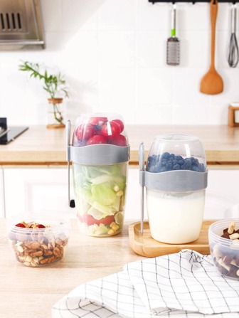 1 件大容量便携式沙拉杯，双层，带盖，勺子，叉子，梅森罐，适用于早餐和便餐、厨房、圣诞礼物、学校用品