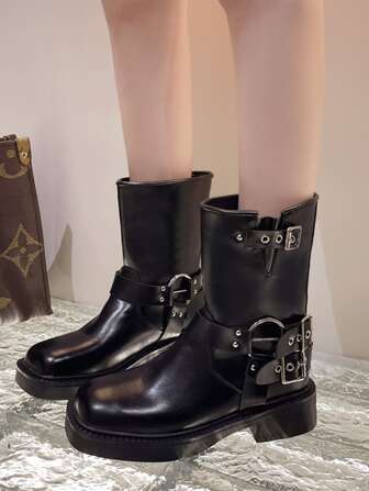 2023 New Style Chunky Heel Short Boots For Women, British Style & Single Buckle Detailing