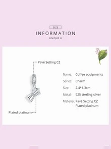 1入組時尚真實925純銀方晶鋯石咖啡餐具吊墜釘珠適合女士適合手鍊手鐲DIY首飾類派對禮物精細女士們珠寶和手錶 - 銀色 - 查看 10