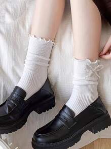 1/2 Pairs Ladies Faux Pearl Decor Bow Ruffle Mid-Calf Socks (Random Assorted), Fall - Black and White - View 2