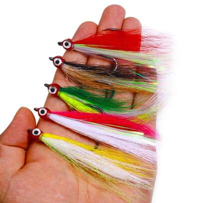 HENGJIA 5 piezas Señuelos con plumas y gancho sencillo, de acero de alto carbono, adecuados para la pesca con mosca de trucha, salmón y lubina