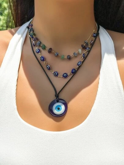 1 件女士创意时尚复古不对称水晶和绿松石邪眼吊坠彩色串珠项链波西米亚和嬉皮风格珠宝套装