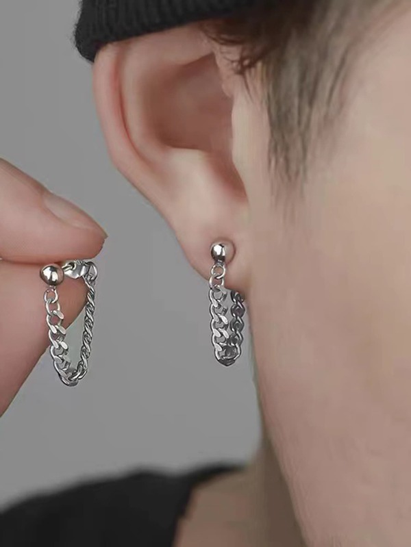 2pcs/set Fashionable Chain Decorated Earrings Suitable For Men's Daily Wear