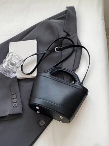 韩版黑色水桶包2023新款时尚拼色手提包单肩包斜挎包时尚Y2K斜挎包蝴蝶装饰单肩包女潮流胸包单肩包 - 黑色 - 查看 4