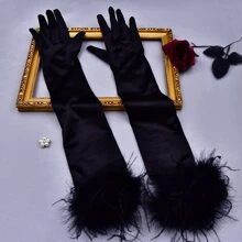 1 双新娘缎面羽毛露指手套，中长款，适合婚礼和派对礼服装饰，女士秋季服装 - 黑色 - 查看 2