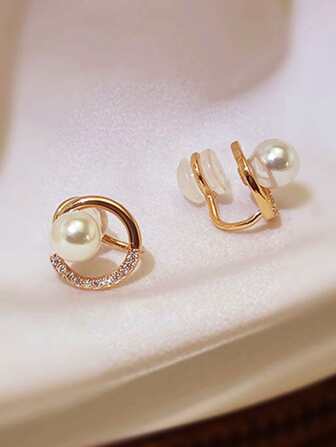 1 對女式時尚簡約人造珍珠與水鑽裝飾夾式耳環