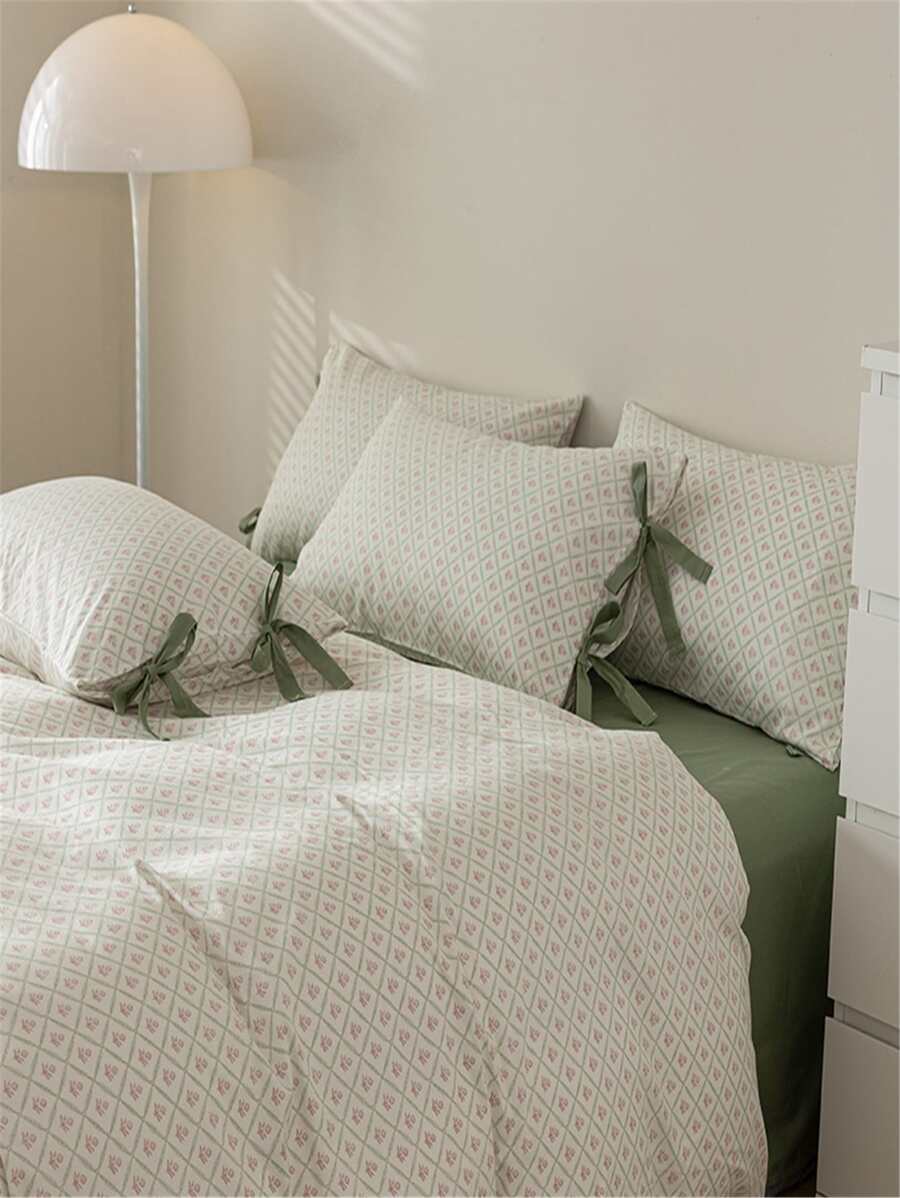 印花四件套 乾淨清新 碎花系列 柔軟布料 四季可用 易打理 蝴蝶結 被套和床單和2入組枕頭套