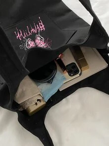 可愛蝴蝶印花夏季前袋背心購物袋 - 黑色 - 查看 3