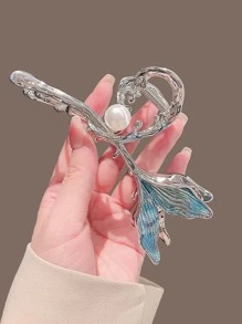 1pc Women's Blue Color Metal Hair Clip Fashionable & Simple Faux Pearl Hair Claw Mermaid Princess Elegant Hair Accessory For Updo Hairstyles, School Stuff, College, Pearl Hair Accessories Fall Winter Claw Clip For Vacation Outfits Woman