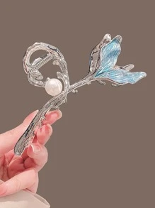 1pc Women's Blue Color Metal Hair Clip Fashionable & Simple Faux Pearl Hair Claw Mermaid Princess Elegant Hair Accessory For Updo Hairstyles, School Stuff, College, Pearl Hair Accessories Fall Winter Claw Clip For Vacation Outfits Woman
